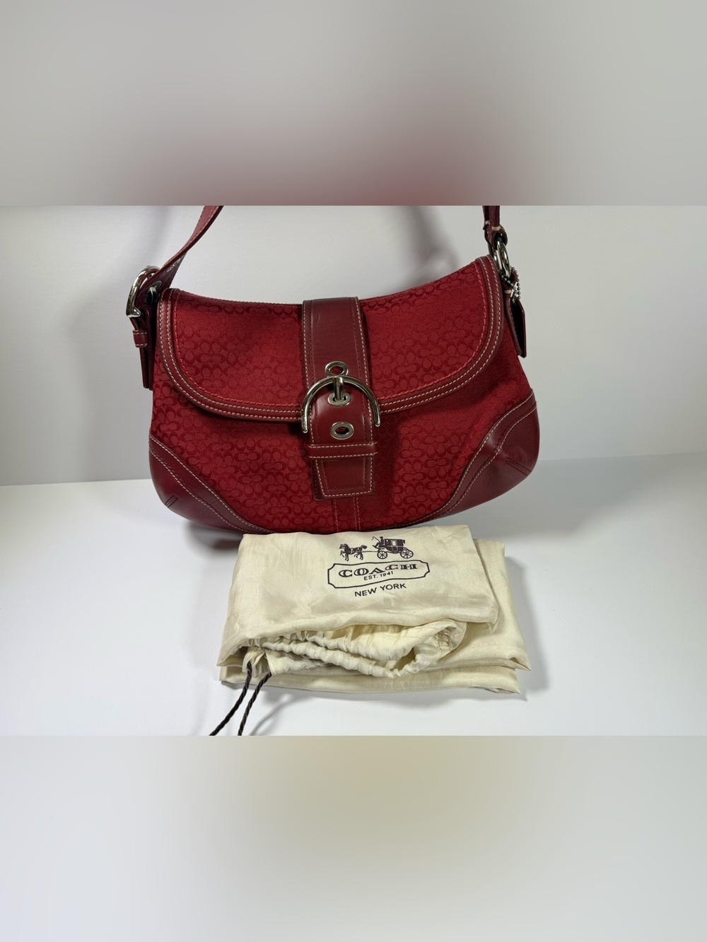 Y2K Coach Red Signature Canvas Shoulder Bag with Buckle Accent